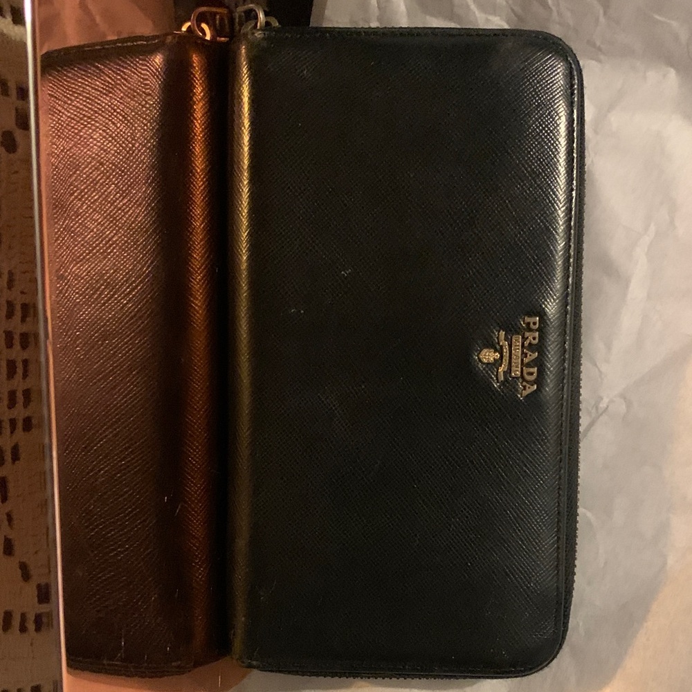 Prada Black Saffiano Leather Zip-Around Wallet with Gold Logo